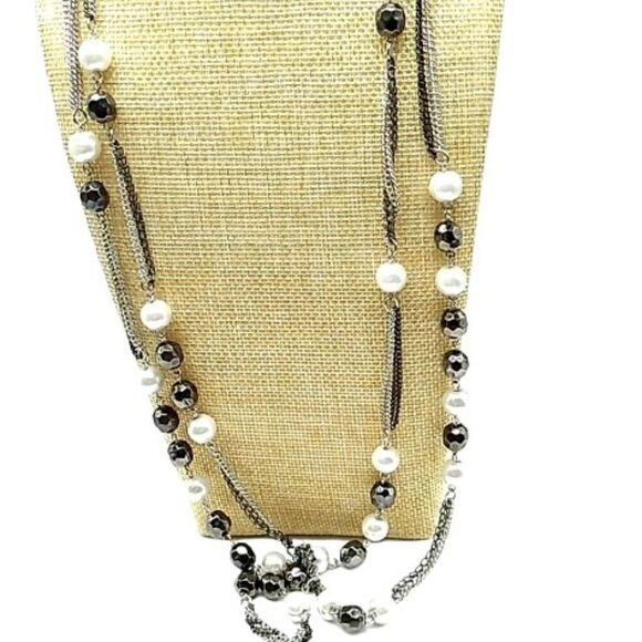 Express Bead Chain Necklace Long Faux Gray Pearls Black Beads on Layered Chains - Picture 1 of 15